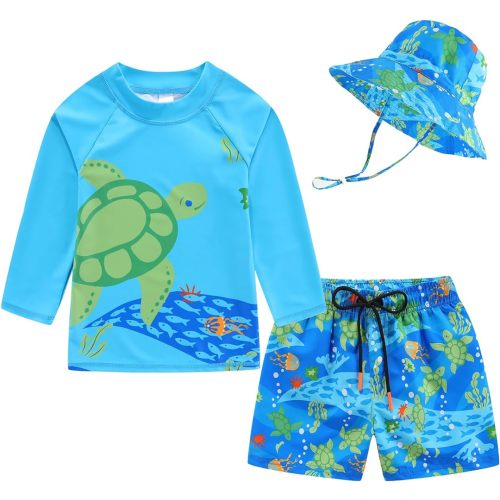 9-12m Toddlers and Baby Boys' 3-Piece Swimsuit Trunk Rashguard Set and Sun Hat Swimwear Bathing Suit Sunsuit Swim Shirt UPF 50+
