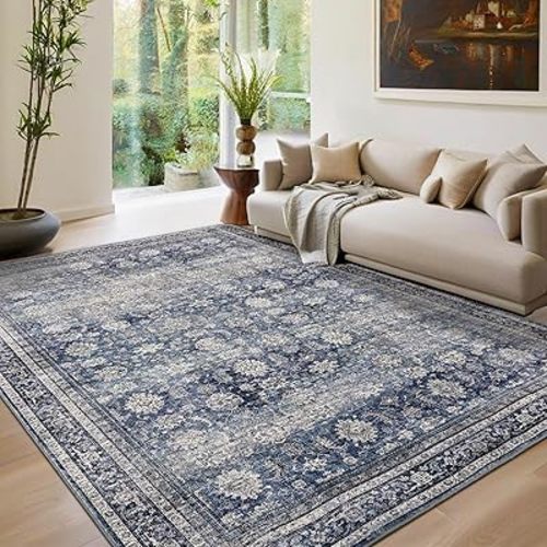 GarveeHome Washable Area Rugs 5x7 Vintage Printed Accent with Non-Slip Backing, Stain-Resistant Oriental Throw Rugs, Farmhouse Low Pile Rugs for Bedroom, Living Room, Blue