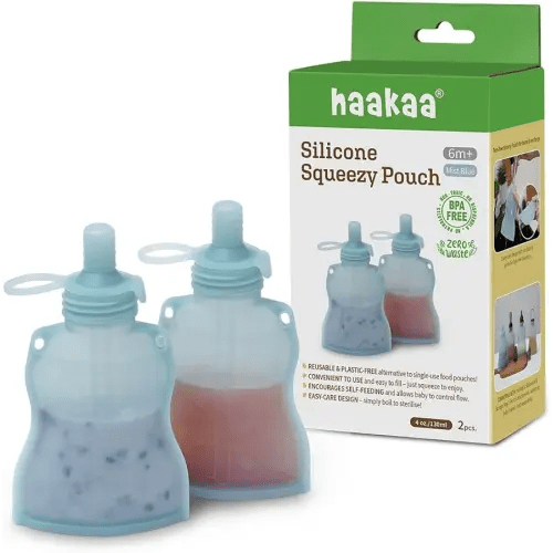 Haakaa Silicone Yummy Pouch 4.5 oz – Reusable Silicone Snack & Smoothie Pouch, Refillable, Leak-Resistant, Dishwasher Safe, Eco-Friendly Food Storage for Kids & Toddlers (2-PK, Mist Blue)