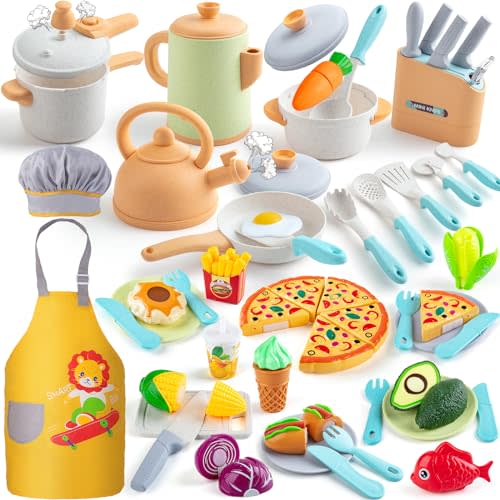 Sundaymot Play Kitchen Accessories - Toddler Pretend Cooking Play Pots, Apron, Toys Pots and Pans, Dishes Cookware, Pre School Learning Educational Toys, Birthday Gifts for Boys and Girls
