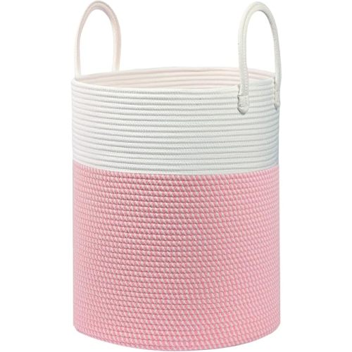 Laundry Basket,15X15X18 Cotton Rope Storage Basket with Handles, White and Pink, Decorative Laundry Hamper,Blanket Basket for Living Room,Nursery Hamper,Room Decor (White+Pink, 60L)
