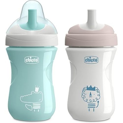 Chicco Sport Spout Trainer with Semi-Firm, Bite-Resistant Spout and Spill-Free Lid 9oz. | Top-Rack Dishwasher Safe | Easy to Hold with Ergonomic Indents | Sage/Grey, 2pk | 9+ months