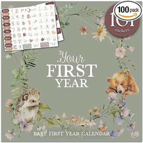 Baby's First Year Calendar with 100 Stickers - Woodland Animals 1st Years Wall Calendar With Stickers, Baby Tracker, Baby Scrapbook for New Mom and Newborn Boys & Girls