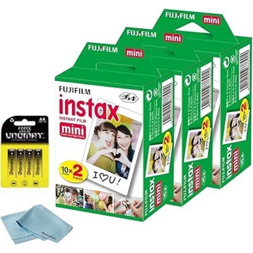Fujifilm Instax Mini Instant Film, 60 Shots (10 Sheets x 6) – Capture Memories Anytime, Anywhere + BluebirdSales Premium Cleaning Cloth & 8 AA Batteries