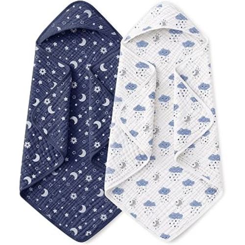Yoofoss Hooded Baby Bath Towels 2 Pack 100% Muslin Organic Cotton with Hood | for Newborn, Babies, Infant, Toddler and Kids, 32x32 Inch, Soft and Absorbent, Baby Essential, Blue Clouds