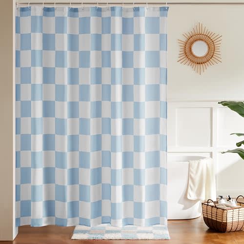 Ohocut Checkered Shower Curtain, Light Blue Shower Curtains for Bathroom, Cute Retro Checkboard Shower Curtain Vintage Aesthetic, Washable Fabric Bath Curtain 72''x72''