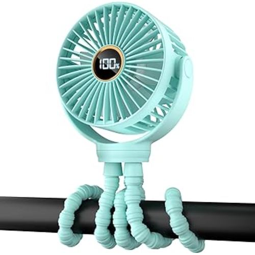 Portable Stroller Mini Fan, Small Rechargeable Personal Fan, Travel Essentials for Baby, Wagon, Car Seat, Treadmill, Battery Powered Biking Gear Accessories, 360° Rotation, 3-Speed, Display, Aqua