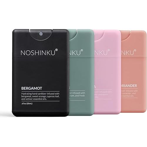 Noshinku - Refillable Hand Sanitizer Discovery 4-Pack, Travel Size Spray with Hydrating Botanical Mist, Natural Ingredients, All Natural Fragrances, Sugarcane Derived Alcohol, No Parabens, No Dyes