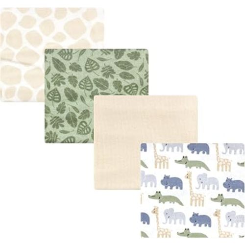Hudson Baby Cotton Flannel Receiving Blankets 4-Pack, Wild Leaf Safari, One Size