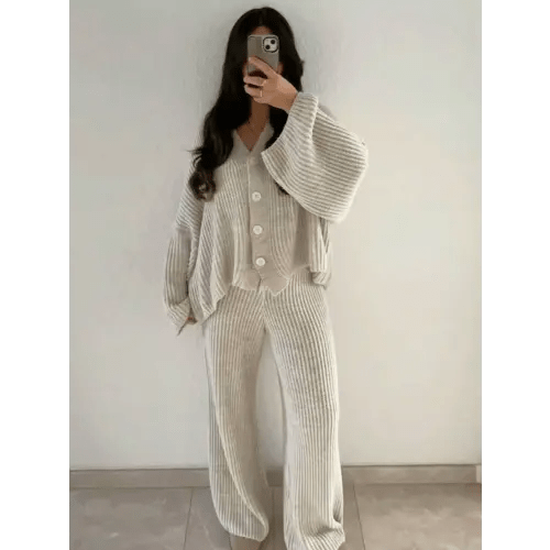 2pcs Women's Casual Knit Cardigan Sweater And Flare Pants Set, Slightly Stretchy, Warm And Comfortable, Autumn Fall