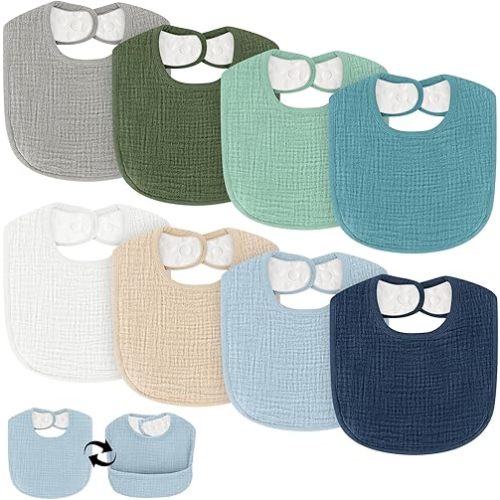 Dual Usage Baby Bibs for Drooling and Teething, 8 Pack Muslin Baby Drool Bibs for Boys & Girls with Hidden Pocket, Soft Cotton, Extra Absorbent, Mess-proof, for Toddler, Newborn, Infant