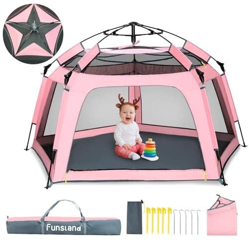 New Funsland Baby Playpen – Pop-Up Tent with Canopy & Travel Bag (Pink)