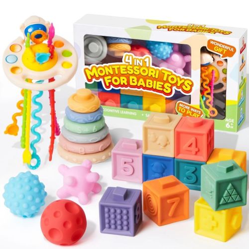 Joyfy Montessori Toys for Baby 0-3-6-12 Months, 4-in-1 Food-Grade Sensory Toys, Infant Stacking Circles Teether, Learning Gifts for Baby Girls Boys