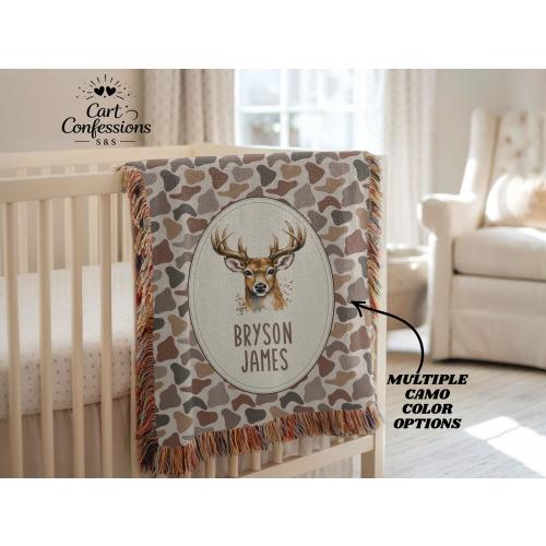 Personalized Camo Deer Woven Blanket, Camo Deer Nursery Decor, Personalized Hunt Baby Shower Gift, Camo Deer Hunting Baby Blanket Gift