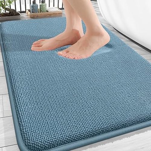 OLANLY Thick Memory Foam Bath Mat Rug 30x18, Extra Soft Absorbent Bathroom Rug, Quick Dry Bath Mats, Non-Slip, Machine Washable Carpet for Bathroom, Tub and Shower, Home Decor Accessories, Airy Blue