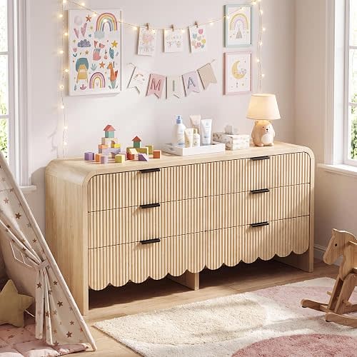 59" Scalloped Dresser for Nursery,Fluted 6 Drawer Wide Chest of Drawers, Large Boho Dresser for Bedroom Kids and Girls