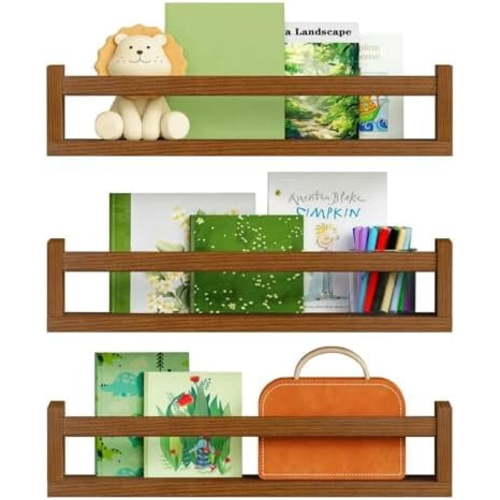 Walnut Brown Nursery Book Shelves Wall Mounted, Wooden Floating Bookshelf for Kids Room Bedroom, Dark Wood Nursery Bookshelves for Kitchen Classroom Playroom (Solid Pine, 3-Pack)
