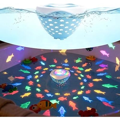 Waterproof Bathtub Light for Kids, Battery Operated Fish Bath Lights for Tub & Bath Time, Color Changing Mood Lighting with Fish World Light Show