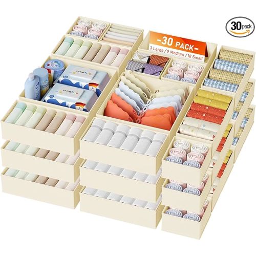 DIMJ Drawer Organizer Clothes, 30 Pack Dresser Organizer, Foldable Closet Organizers and Storage, Fabric Dresser Bins, Drawer Dividers for Nursery, Baby Clothes, Underwears, Sock,Beige