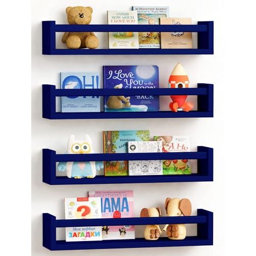 Forbena Navy Blue Floating Nursery Book Shelves for Kids Room Wall, Decorative Wall Bookshelf for Baby Boy Bedroom, Small Wood Hanging Bookshelves Wall Mounted for Little Boys Room Bathroom (Set of 4)