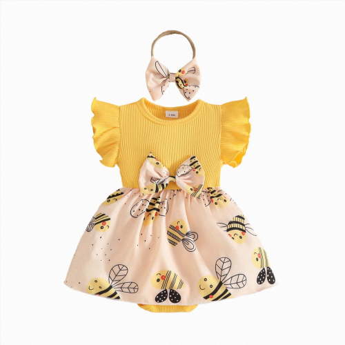 Gubotare Baby Girl Romper Summer Newborn Baby Girl Outfits Sleeveless Tie Shoulder Heart Romper Tulle Dress with Headband Set Spring Summer Clothes 0 3 6 9 12 18 24 Months (Yellow,3-6 Months)