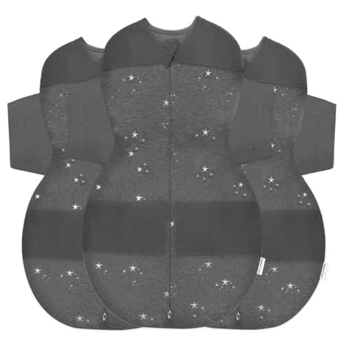 Happiest Baby SNOO Sleep Sack - 100% Organic Cotton Baby Swaddle Blanket - Doctor Designed Promotes Healthy Hip Development - 3-Pack Bundle (Charcoal Stars, S, M, L)