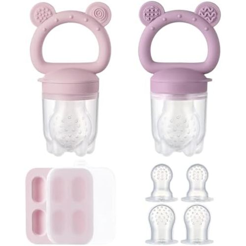 2 Pack Silicone Baby Fruit Feeder with Mini Freezer Tray, Breastmilk Popsicle Molds for Infant Teething Relief, Baby Teethers, Fresh Food Feeder for Safe Infant Self Feeding - Purple