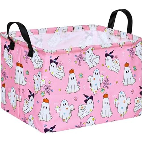 Halloween Storage Basket, Pink Ghost Pumpkin Floral Fabric Storage Bin with Handles, Foldable Shelf Organizer for Gifts, Clothes, Laundry, Bedroom, Playroom, Party Decor