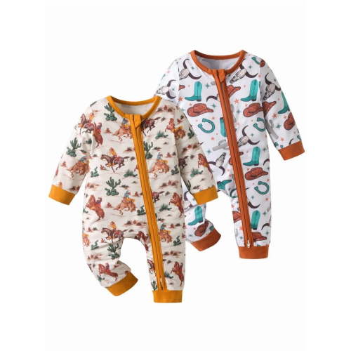 Infant Baby Boy 2 Pack Cartoon Pattern Long Sleeve Romper Clothes Animal Style Outfit 3-6 Months