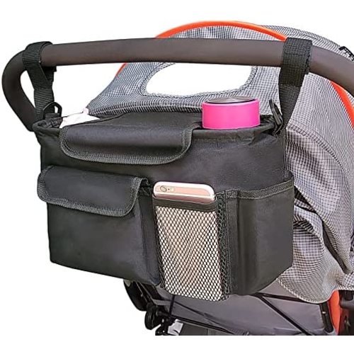 Universal Baby Stroller Organizer with Cup Holder, MOXIV Stroller Storage Caddy Bag with Adjustable Shoulder Strap, Large Capacity for Baby Essentials, Compact Design Fits Most Strollers(Black)