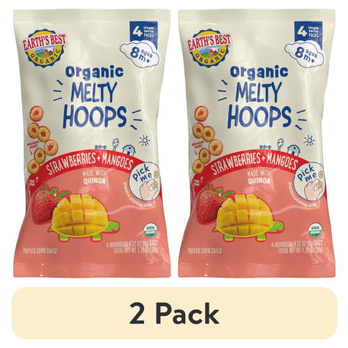 (2 pack) Earth's Best Organic Bite-Size Melty Hoops Strawberry Mango Puffed Baby Snack, 0.32 oz Bags (4 Pack)