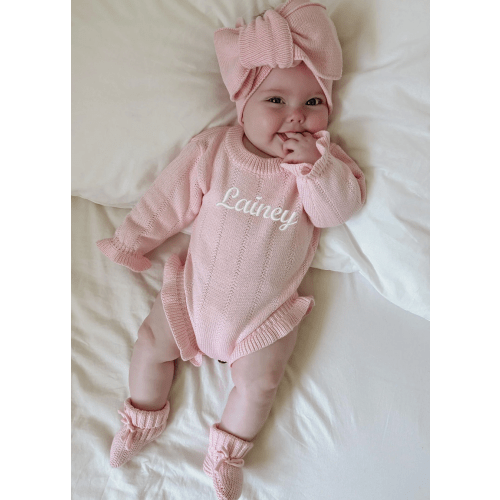 Asteria Ruffle Personalized Romper in Petal Pink – Sweet June