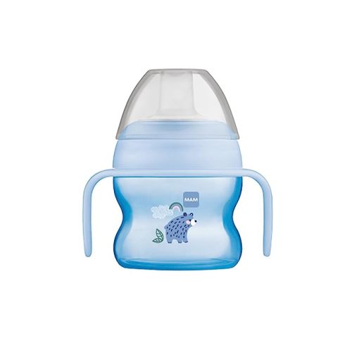 MAM Starter Cup (1 Count), Sippy Cup, Drinking Cup With Extra-Soft Spill-Free Spout and Non-Slip Handles, For Boys 4+ Months, Five Ounces, Blue