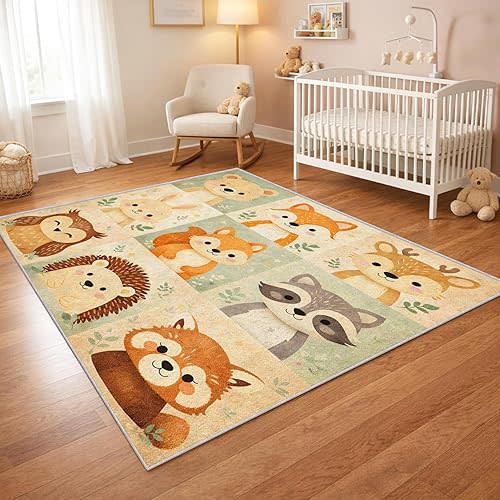 Kids Area Rug for Bedroom, Cute Woodland Animal Patchwork Rug, Bear Fox Deer Bunny Hedgehog Owl Raccoon Nursery Playroom Carpet, Washable Non-Slip Soft Low Pile Floor Rug for Boys Girls Room, 2x3