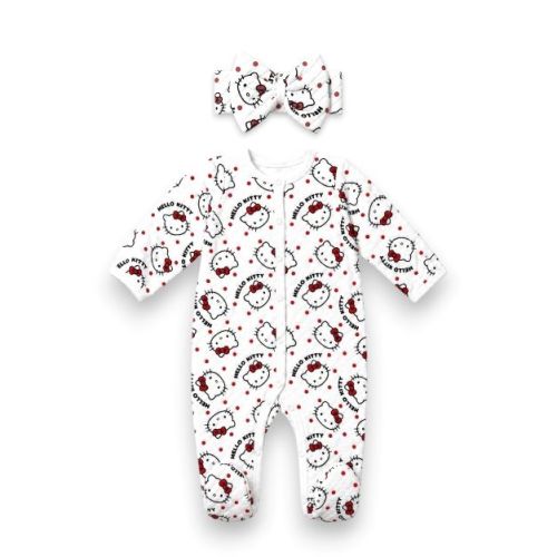 Hello Kitty Baby Girls' 2-Piece Footed Coverall With Bow Headband, White, 3 Months
