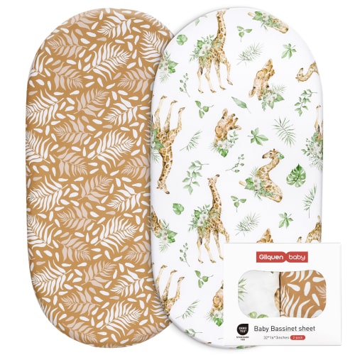 Gllquen Baby Bassinet Crib Sheets Set, Breathable Cozy Fitted Mattress Sheet, Elastic Travel Crib Fashionable Floral Pattern, Standard Cradle Safe Sheets for Baby Boy Girls 32"X16", Giraffe, Polyester