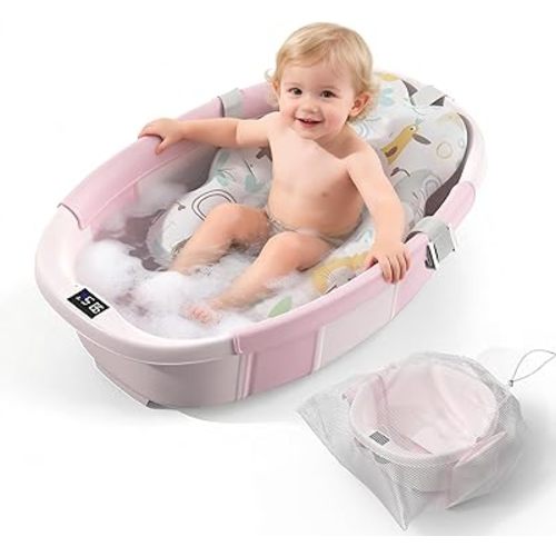 TOSGN Collapsible Baby Bathtub, 3s to Install, Baby Bath Tub with Soft Cushion & Thermometer, 0-36 Months Newborn Bathtub,Portable Travel Baby Tub, Pink