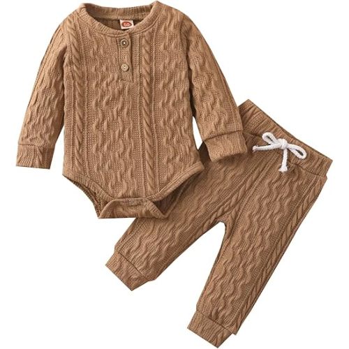 Newborn Baby Boy Girl Clothes Ribbed Knitted Cotton Long Sleeve Romper Long Pants Solid Color Fall Winter Outfits