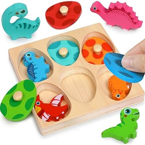 Wooden Puzzles for Toddlers 1-3 Montessori Toys for 1 Year Old Boy Girl Birthday Easter Gifts Dinosaur Match Eggs Peg Puzzles Preschool Learning Toys for Toddlers Age 1