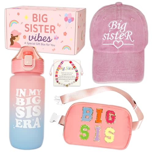 Big Sister Gifts for Girls – 4PCS Big Sister Gift Set with Cap, Fanny Pack, Water Bottle & Bracelet – Birthday Present or New Baby Sibling Gift