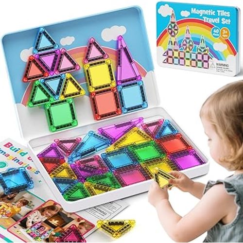 40 Pieces Magnetic Tiles for Kids Ages 4-8, Travel Magnetic Building Blocks Set with Iron Box, STEM Outdoor Kids Toys Gift for Boys & Girls 3+ Year Old, Pocket-Sized Classroom Must Haves