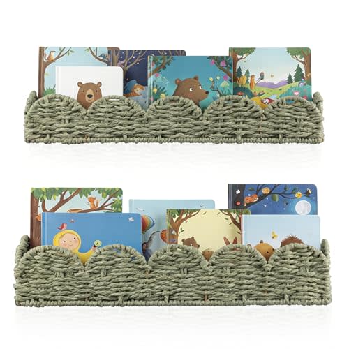 AceOrbit 2 Pcs Floating Bookshelf for Kids Scalloped Handwoven Rattan Floating Nursery Book Shelves Sage Green Boho Nurserywall Mounted Book Shelf for Baby Girls Boys Room Decor
