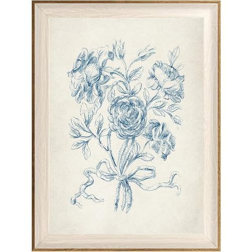 ASTRDECOR Framed Vintage Wall Art for Bathroom, Botanical Blue Wall Art for Home Decor Aesthetic, Victorian Blue Rose Bouquet Sketch Painting Floral Canvas Art Prints, Antique Flower Pictures for Living Room - 12''x16''