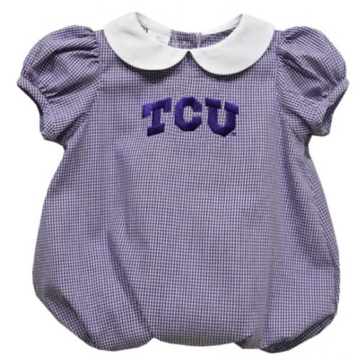 (6M) Vive La Fete Baby PURPLE TCU Horned Frogs Gingham Collar Short Sleeve One Piece