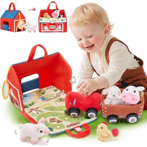 OUOZZZ Farm Stuffed Animals Toys Set for Toddlers 1 2 3 Year Old Soft Plush Playhouse with Sensory Tractor, Animal Friends with Bell Sound & Activity Mat – Portable Toy Gift for Baby Boys & Girls 9.4"