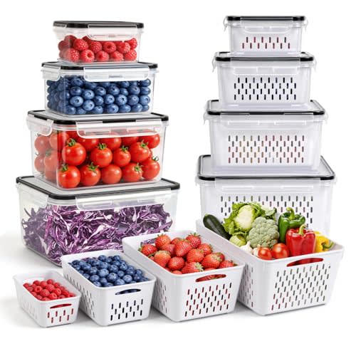 8 PCS Fruit Storage Containers for Fridge, Leakproof Produce Containers | For Fridge with Removable Colander, Microwave/Dishwasher Safe Fruit Washing Bowl Keep Fruits, Vegetables, Berry Fresh longer