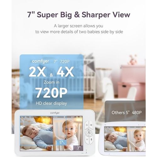 Comfyer 7" HD Split-Screen Baby Monitor with 2 1080P Cameras, 48 Hrs 6000mAh Battery Runs 2 Days in VOX Mode, No WiFi Monitor with a Flexible Bracket, 2 Way Audio, Remote PTZ, Auto Night Vision