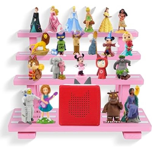 for Tonies Figures Shelf Magnetic,for Toniebox Characters Shelves,for Tonie Storage Rack Display Risers Stand,Holds 45 Figurines,Compatible Charging Station for Children Kid's Room,Pine Wood(Pink)