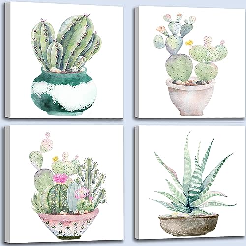 OKEXCKK Cactus Plants Bathroom Decor Wall Art, Green Succulent Pictures Canvas Print, Botanical Paintings for Bedroom Living room Office Decoration - 12" X 12"