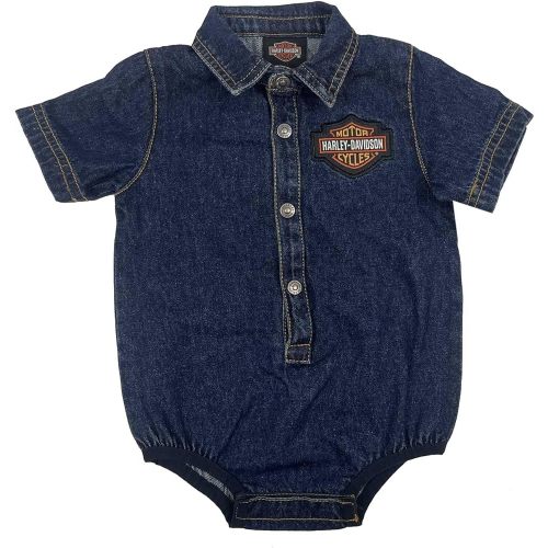 Harley-Davidson Baby Girls' Bar & Shield Denim Short Sleeve Infant Creeper